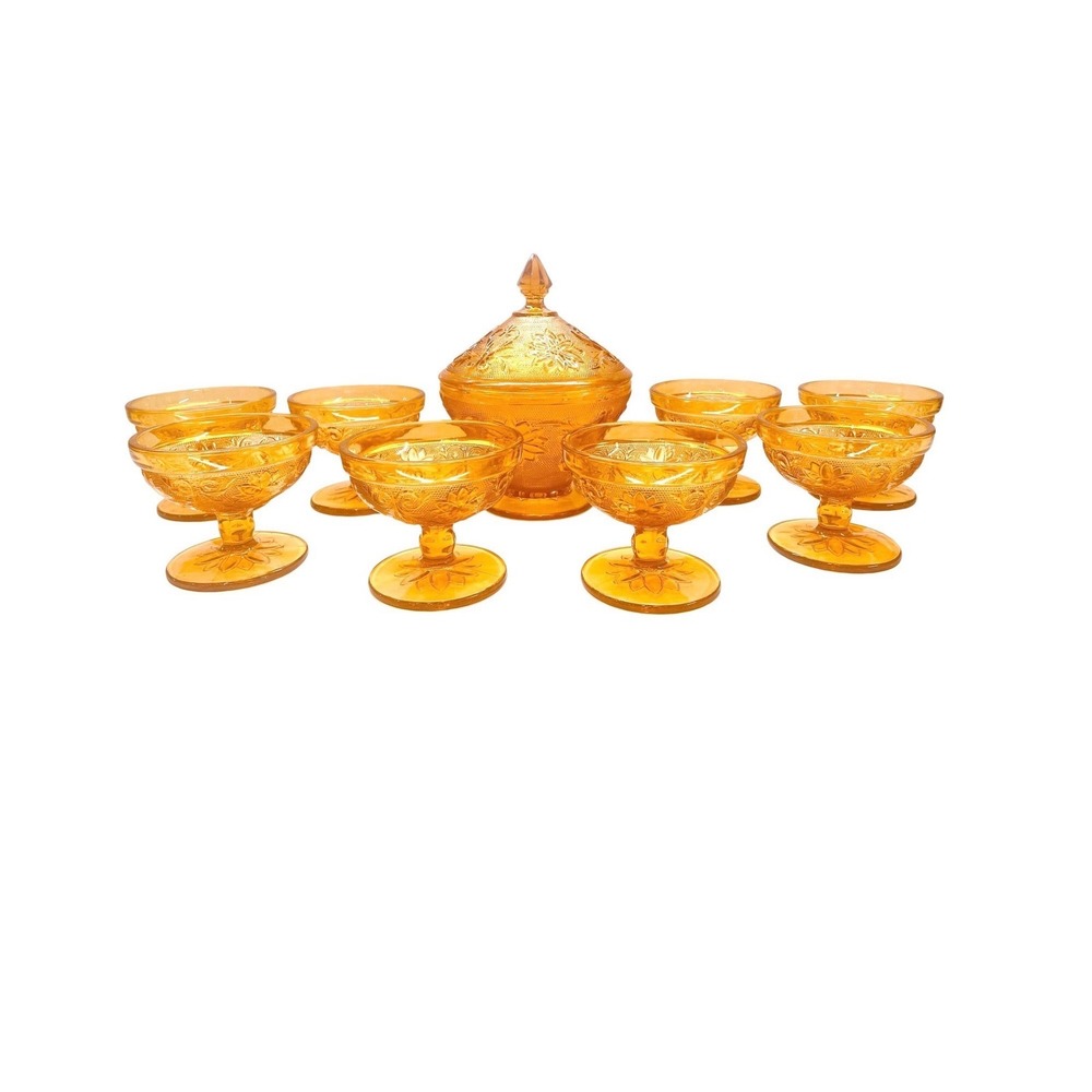 VTG Indiana Glass Tiara Sandwich Amber Dessert Set Lidded Compote 8 Sherbet Cups